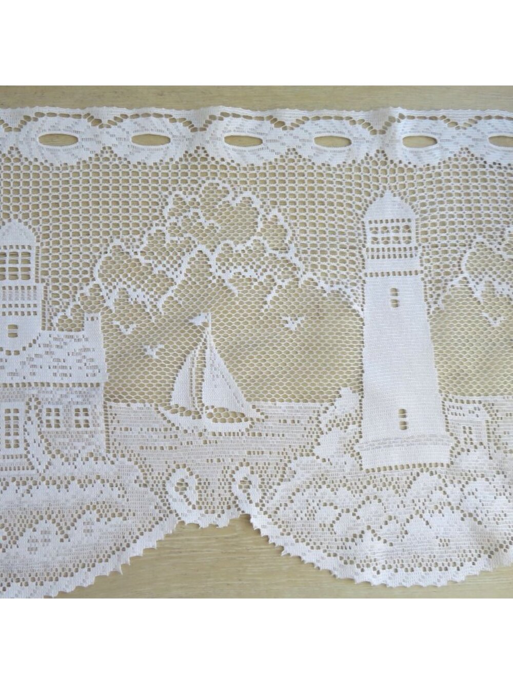 Vintage Lighthouse Sailboat Lace Window Valance Scalloped Edge Sheer White Coast